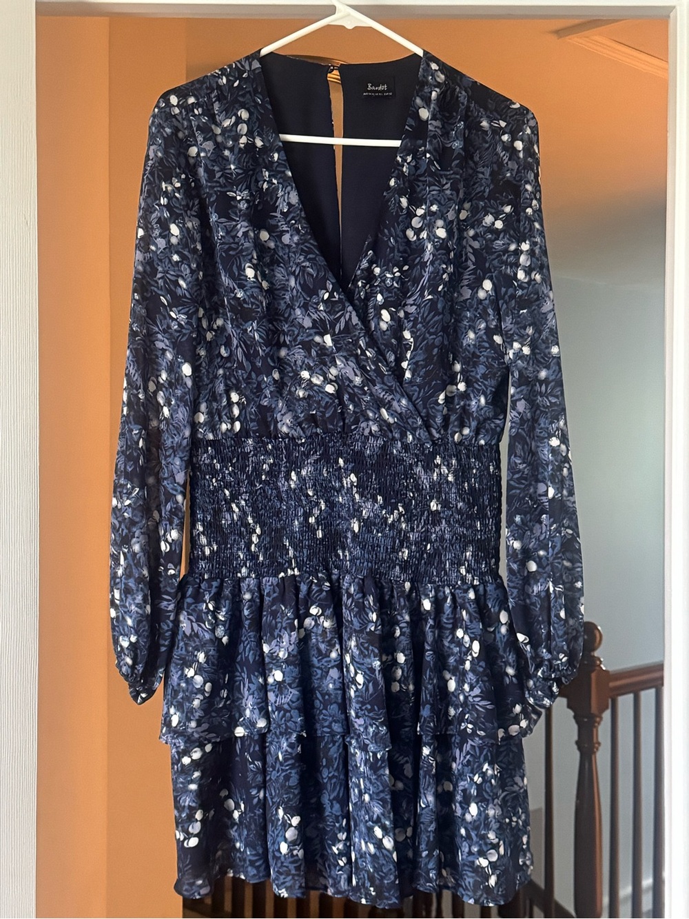 Bardot Navy Floral Smocked Waist Long Sleeve Dress